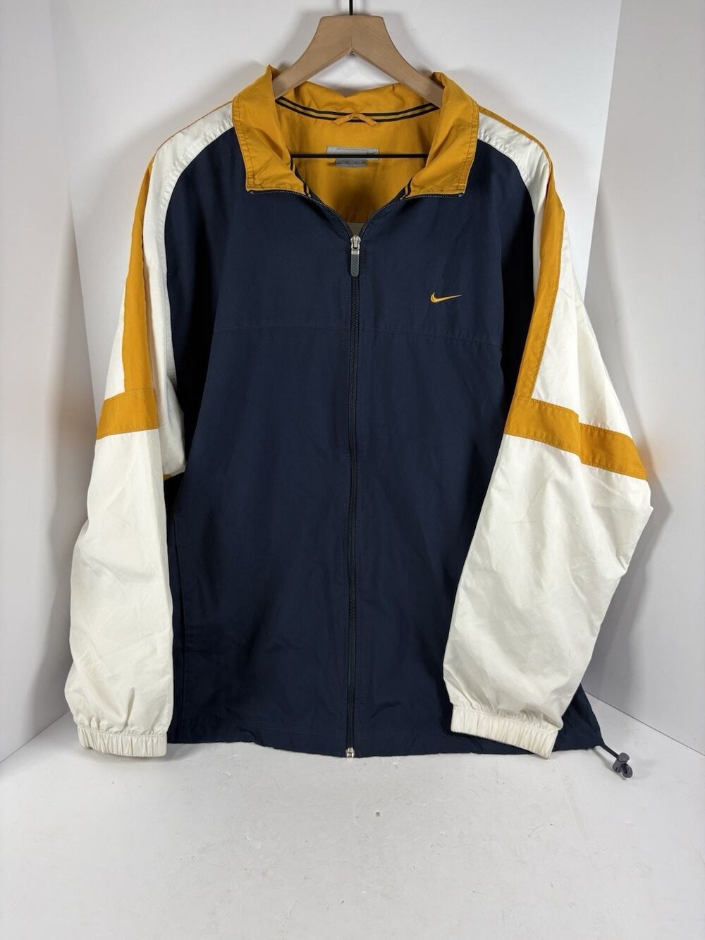 Vintage Nike Windbreaker Jacket XXL Navy Gold White Full Zip Swoosh Y2K
